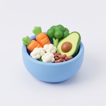 3D icon of a bowl with fresh vegetables and avocado plant based vegetables broccoli cauliflower nutrition