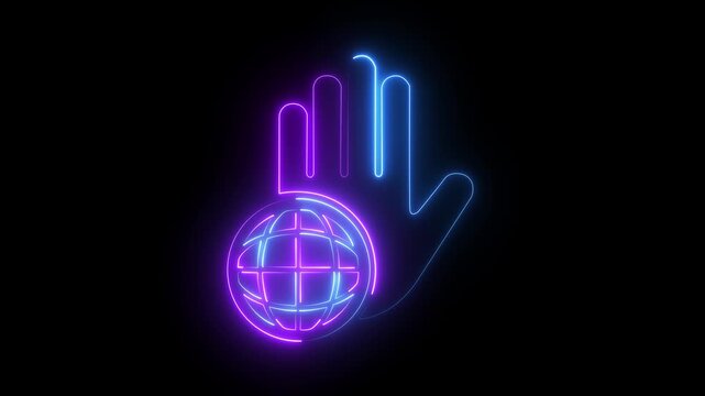 Neon glowing hand and globe animation, digital global connectivity concept