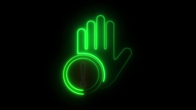 Neon stop hand sign with exclamation mark warning animation caution
