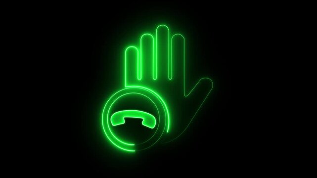 Neon green hand gesture with phone decline animation for digital communication and tech interface