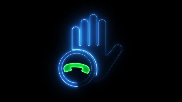 Neon glowing hand gesture and phone decline animation on black background