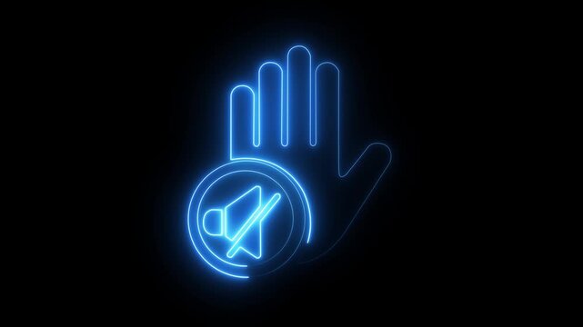 Glowing neon mute symbol with hand gesture for digital interface and ui