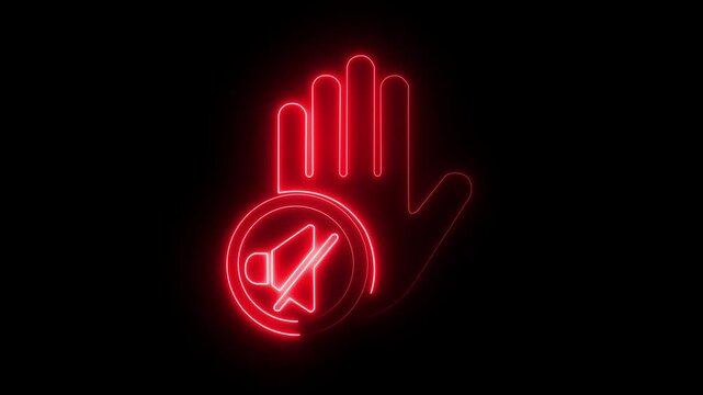 Neon mute symbol with hand gesture sign glowing red animation on black background