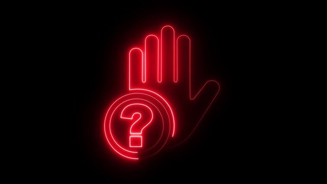 Neon red hand and question mark glowing on black background, for faq and, support concepts