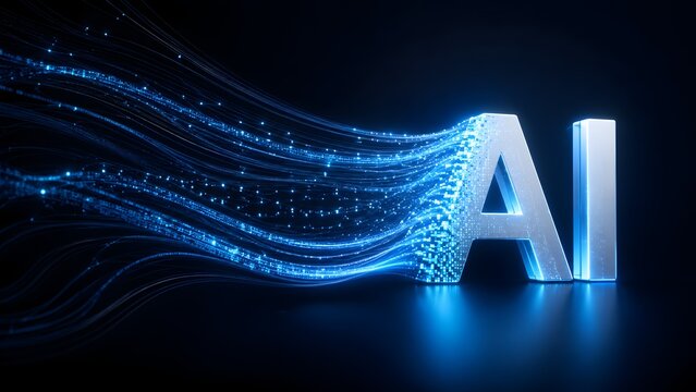 Artificial intelligence text with glowing blue digital data streams illustrating machine learning and futuristic computer technology