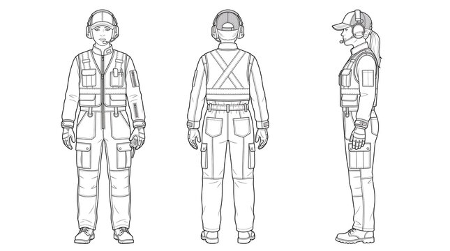 Detailed line art illustration of a female security or military professional in a tactical uniform, shown in front, back, and side views for design and reference