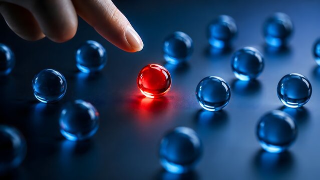 Finger pointing at a glowing red glass sphere among blue ones representing unique selection leadership and standing out from the crowd.