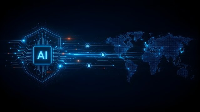 Cyber security artificial intelligence chip inside a glowing shield connecting to a global digital map with lock icons protecting worldwide data