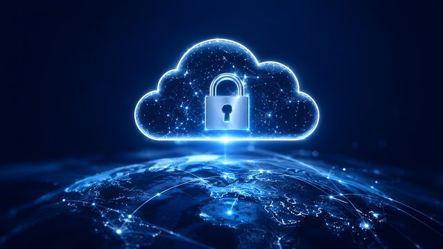 Glowing blue cloud security padlock icon hovering over a digital globe representing global data protection and secure cloud computing network