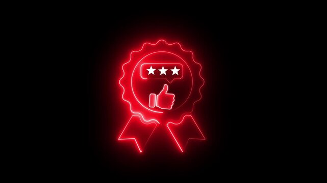 Neon red assurance badge animation with three stars and thumbs up symbol