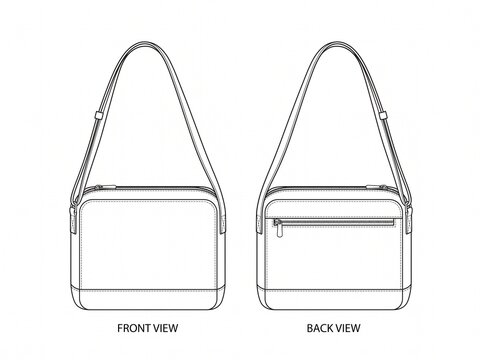 Structured square crossbody bag technical sketch showing front and back view with long shoulder strap