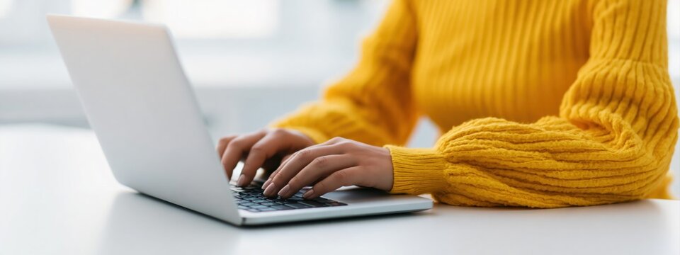 Woman in yellow sweater typing on a silver laptop computer at a bright office desk