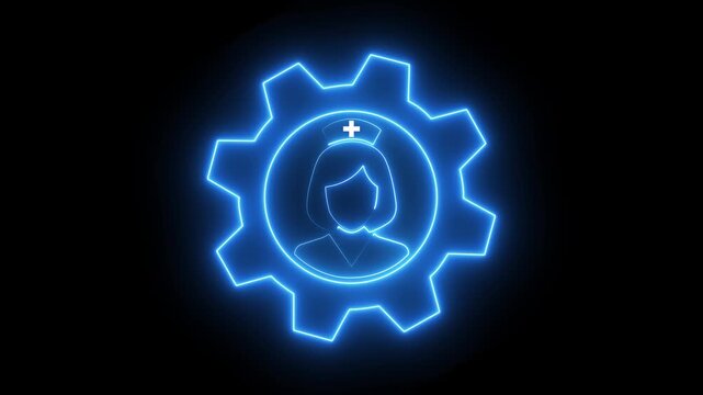 Neon blue nurse inside rotating gear medical technology animation on black background.
