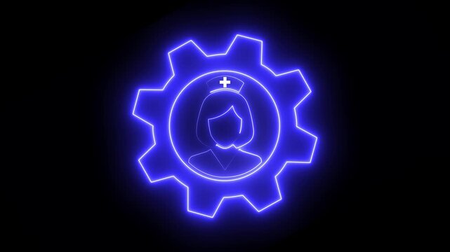 Neon nurse gear animation: healthcare technology and medical industry concept on black background.