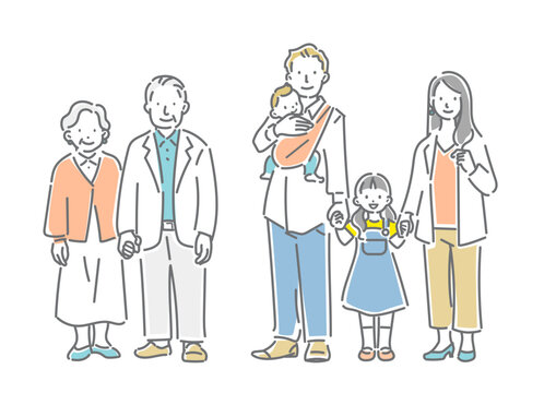 笑顔で立っている家族　シンプルでお洒落な線画イラスト