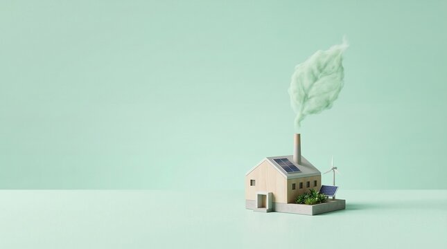 Sustainable house model with leaf chimney and solar panels representing green renewable energy concept