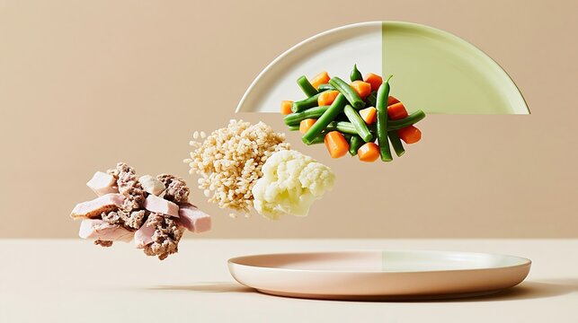 Healthy food portions levitating above a sectioned ceramic plate on a warm neutral surface with copy space for meal planning and nutrition guides
