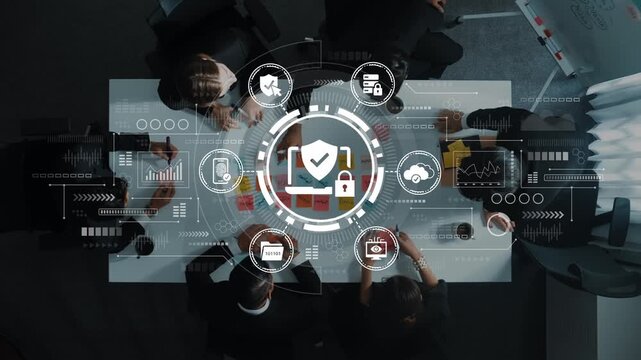 Diverse Business Team Engaged in Security Strategy Meeting with Digital Icons and Data Visualization Elements. Entropy.