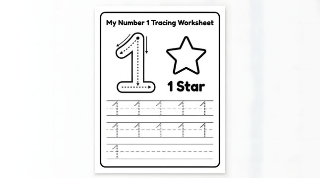 Number 1 tracing worksheet with star illustration. Educational black and white printable designed for kids to practice writing, counting, and early math skills.