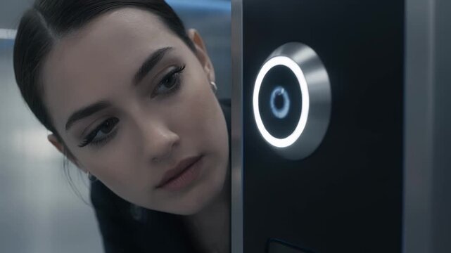 Medium shot of a hightech iris scanner integrated into a secure door panel highlighting a focused users eye with the surrounding door blurred out.