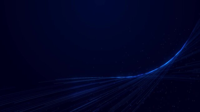Abstract corporate blue background featuring glowing curved light lines with large empty copy space for premium technology business presentation.