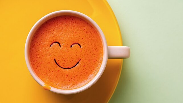 White ceramic mug with an orange drink and a happy face on a yellow plate and green background for a cheerful morning concept