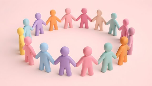 Colorful 3D abstract human figures holding hands in a circle representing teamwork diversity community and unity on a pastel pink background.