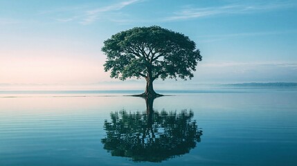 Obraz premium Single big green tree growing in the middle of calm still lake with clear reflection on smooth water surface under soft blue morning sky shows peaceful natural landscape