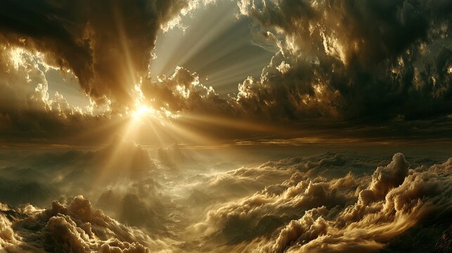 Dramatic sunlight breaking through dark storm clouds over golden sea of clouds from high altitude creates stunning majestic atmospheric natural landscape with bright sun rays