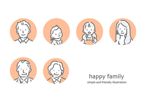 Icon-style avatar illustration set of a three-generation family &ndash; simple and stylish line art illustrations.