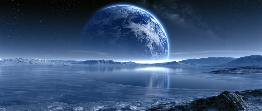 Dramatic science fiction landscape of huge planet Earth rising above frozen icy alien planet surface under starry dark space sky creates futuristic cosmic scenery
