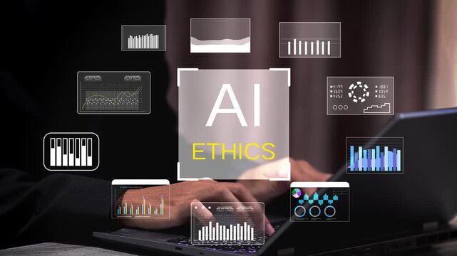 AI Ethics with legal and social icons. Concept of responsible artificial intelligence, digital moral standards, governance, and technology regulations in business.