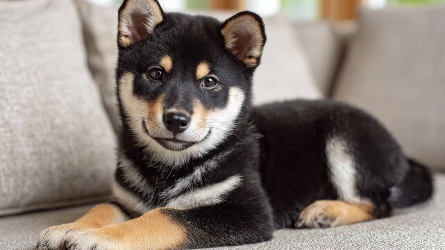 ソファでゆったりくつろぐ愛くるしい柴犬の子犬のリラックスタイム