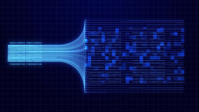 Binary Code Zeros Ones Data Flow Neural Network Visualization with Digital Nodes, Big Data AI Machine Learning Algorithm System, Digital Technology Background for Artificial Intelligence Concept.