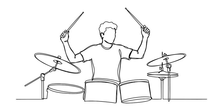Continuous single line drawing of a man playing drums with drumsticks in his hands, minimal style illustration of a male musician performing music on stage Vector, illustration