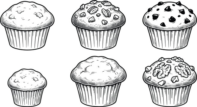 Vintage assorted muffin engraving collection isolated on white background bakery illustration set artwork