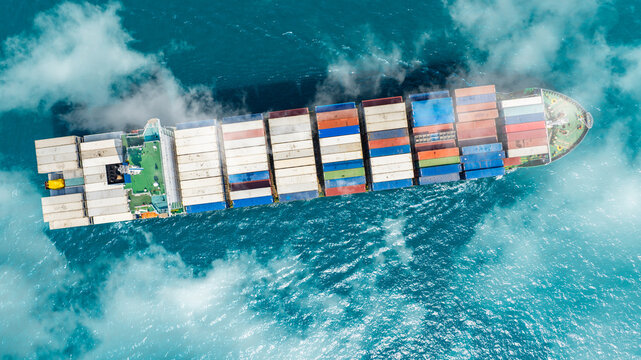 Aerial view of the freight shipping transport system cargo ship container. international transportation Export-import business, logistics, transportation industry concepts	
