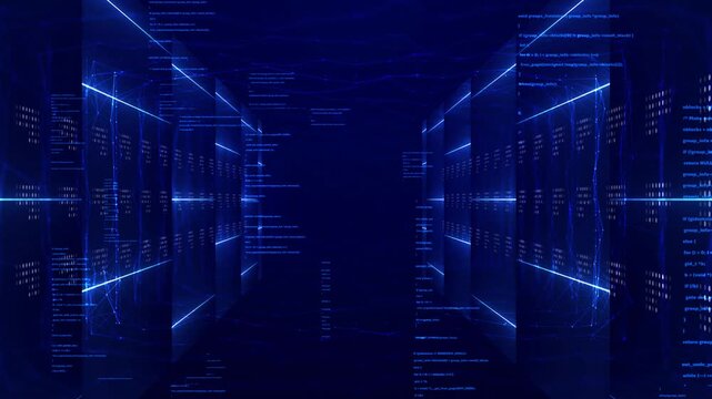Futuristic digital data stream with glowing lines of abstract on a dark background, cyber security technology and data.