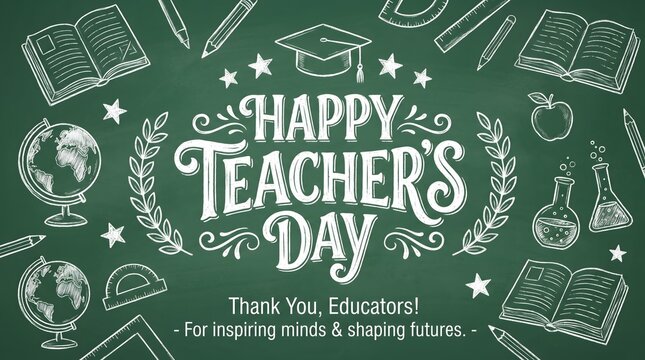 Happy teachers day greeting card design with white chalk lettering and school supplies icons on a dark green chalkboard background for education celebration and appreciation event