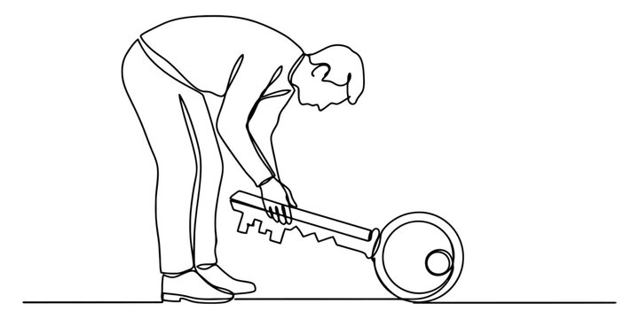 Man holding a giant key line drawing illustration representing a person searching for a solution or unlocking a new opportunity in a minimal art style Vector, illustration