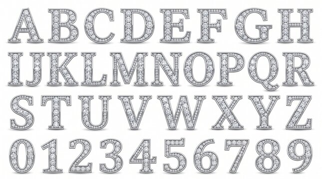 "DIAMOND JEWEL ALPHABET". A-Z and 0-9 in classic serif letters fully covered with sparkling diamonds on silver frames. Clean white background. Luxurious, elegant, and glamorous style. Perfect for wedd