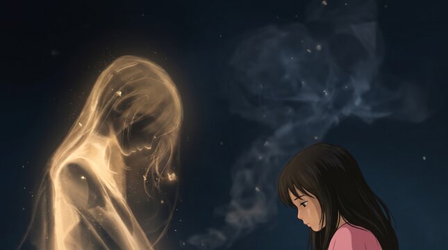 An anime girl with dark hair sits beside a glowing ethereal spirit figure in a mystical, dark setting.