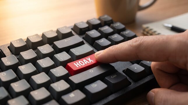 A person's finger pressing a red "HOAX" button on a black computer keyboard, with a blurred coffee mug and notebook in the background.