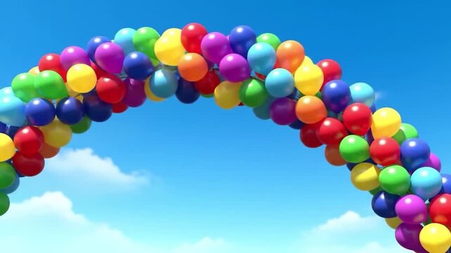 A vibrant arch made of colorful balloons against a bright blue sky
