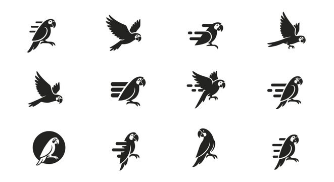 Set of twelve minimalist parrot icons featuring dynamic flight and perching poses for modern logo and branding graphic design
