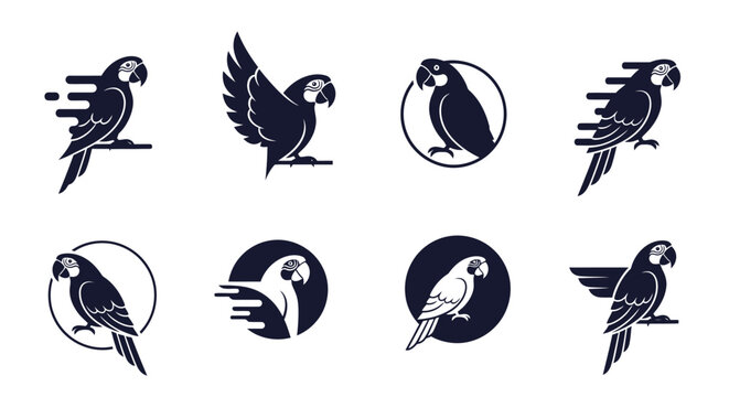 Set of stylized parrot icons in different poses and styles