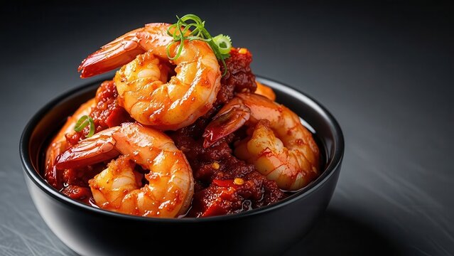 Spicy Shrimp Dish with Rich Red Sauce in Black Bowl