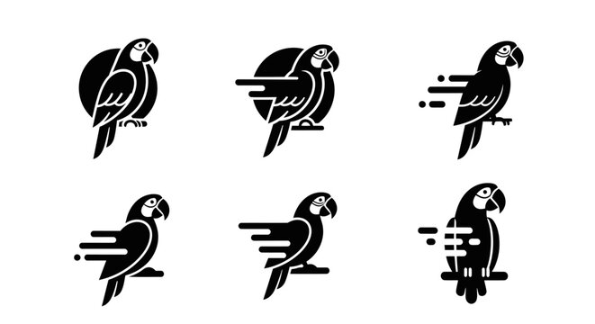 Set of six stylized parrot icons, vector illustrations for modern branding and design