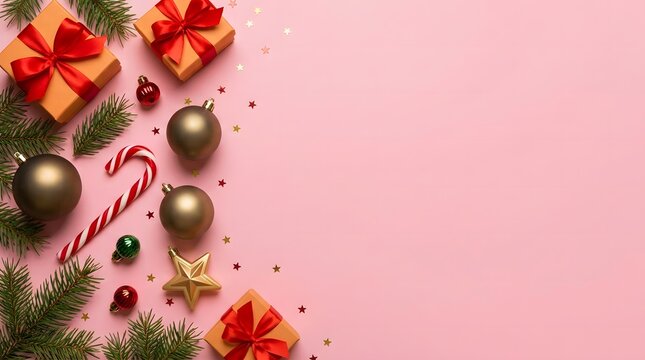 Pastel pink holiday background with a side border composed of red gift packages, candy canes, golden stars, dark baubles, and fir branches with ample copy space.