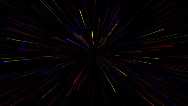 Starlight lines radiate from the center of the frame in a colorful streaks effect, suggesting high-speed travel or warp drive movement through deep outer space on a solid black background base.